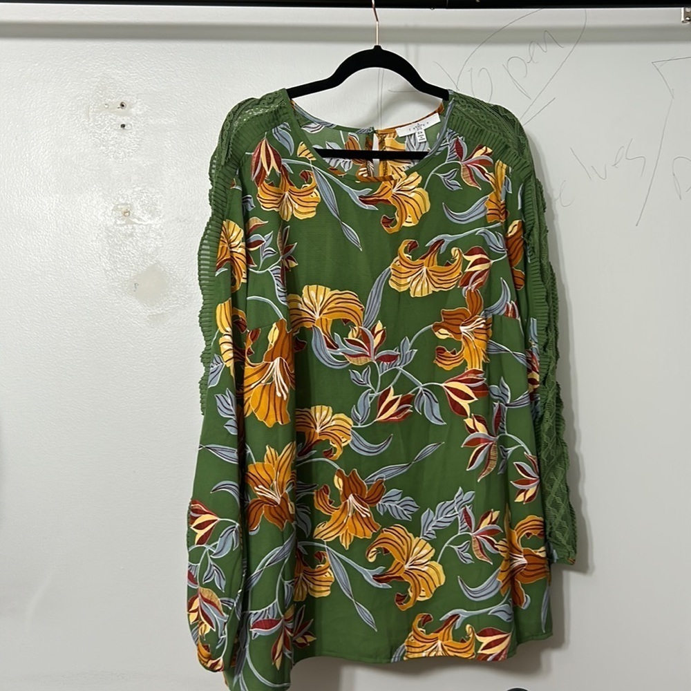 Fever Green Floral Blouse 2X Lace Sleeve Detail Boho Fall Top NWT - Picture 3 of 8